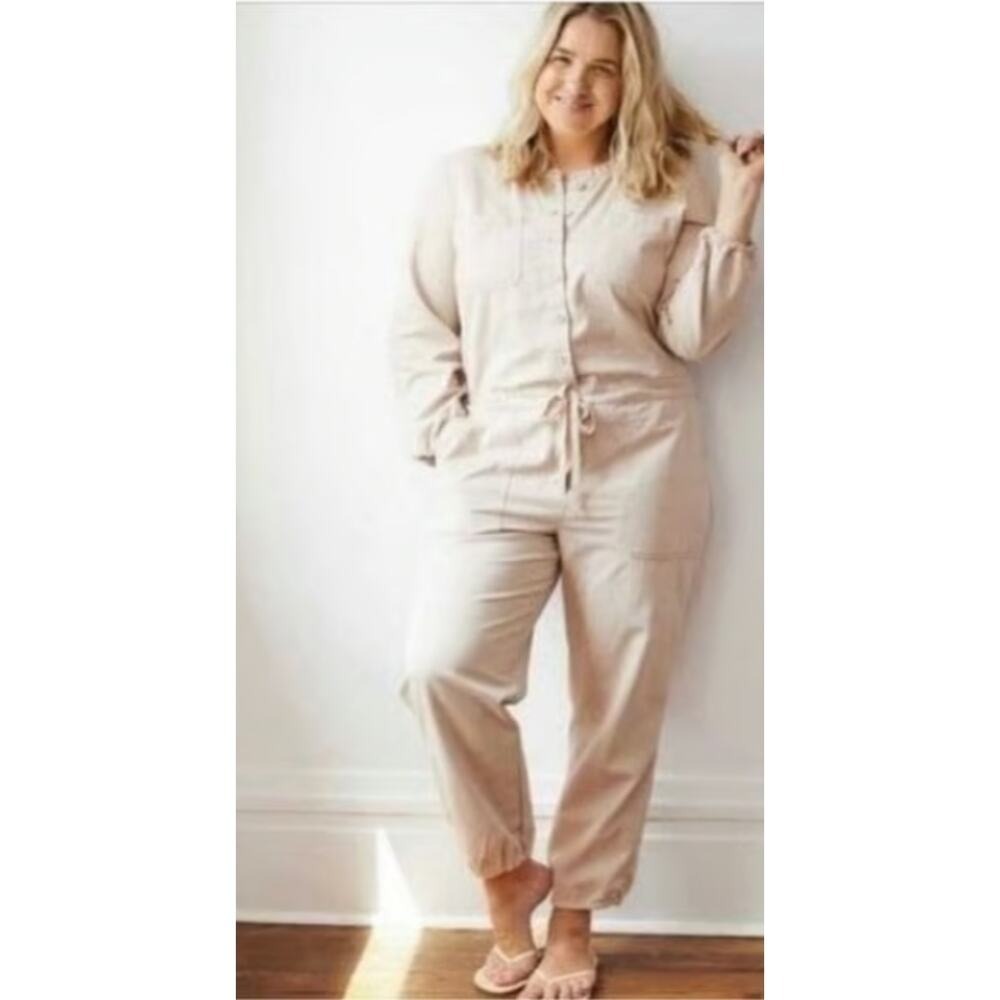Beige Utility Jumpsuit Casual Drawstring Waist Long‎ Sleeve Relaxed Fit Medium